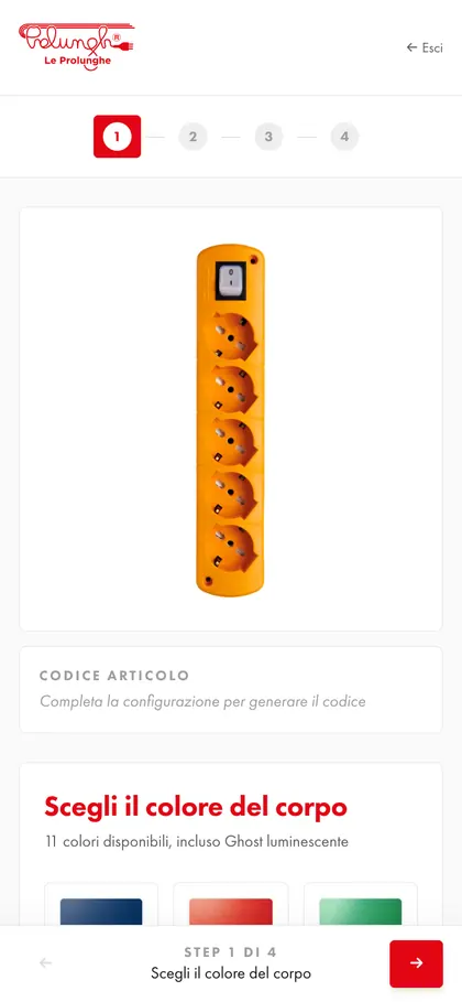 Configuratore CablyColor da smartphone: primo passo, scelta del colore del corpo della multipresa